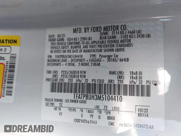 ✅ 2021 Ford Mustang EcoBoost Premium • VIN: 1FATP8UH3M5104410 • Lot: 44500700. Wystawiony na IAAI z przebiegiem 72 811 mil. Bezpłatny archiwum sprzedaży aukcyjnych z USA i szczegółowy raport historii pojazdu na DreamBid. Zdjęcie 9.