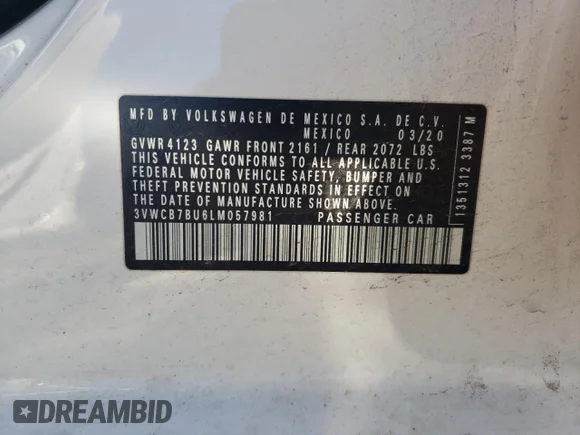 ✅ 2020 Volkswagen Jetta S • VIN: 3VWCB7BU6LM057981 • Lot: 72625622. Wystawiony na Copart z przebiegiem 43 198 mil. Bezpłatny archiwum sprzedaży aukcyjnych z USA i szczegółowy raport historii pojazdu na DreamBid. Zdjęcie 13.