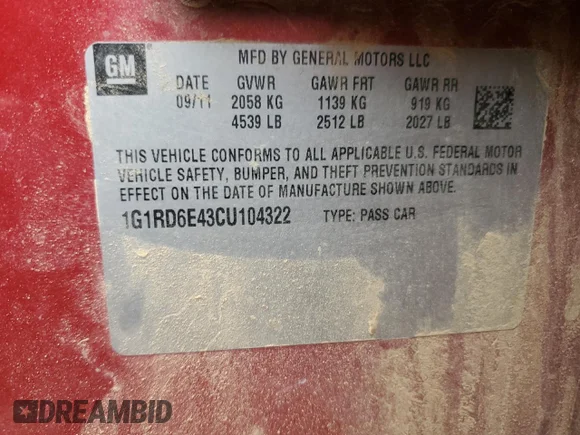 ✅ 2012 Chevrolet Volt • VIN: 1G1RD6E43CU104322 • Лот: 82332175. Опубликован ранее на Copart с пробегом 133 451 миль. Бесплатный доступ к архиву аукционных продаж из США и подробный отчёт об истории автомобиля на DreamBid. Изображение 12.