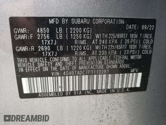✅ 2023 Subaru Outback Premium • VIN: 4S4BTADC7P3113281 • Лот: 47757333. Опубліковано раніше на Copart з пробігом 15 613 миль. Безкоштовний доступ до архіву аукціонних продажів зі США та докладний звіт про історію автомобіля на DreamBid. Зображення 16.