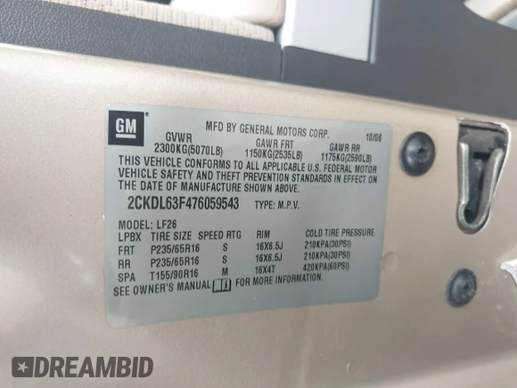 ✅ 2007 Pontiac Torrent • VIN: 2CKDL63F476059543 • Лот: 41527753. Опубликован ранее на IAAI с пробегом 30 139 миль. Бесплатный доступ к архиву аукционных продаж из США и подробный отчёт об истории автомобиля на DreamBid. Изображение 9.