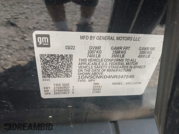 ✅ 2022 Chevrolet Tahoe LT • VIN: 1GNSCNKD4NR247545 • Lot: 44446353. Wystawiony na IAAI z przebiegiem 90 871 mil. Bezpłatny archiwum sprzedaży aukcyjnych z USA i szczegółowy raport historii pojazdu na DreamBid. Zdjęcie 9.