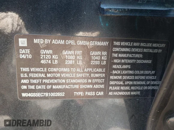 ✅ 2011 Buick Regal CXL RL4 • VIN: W04GS5EC7B1002652 • Лот: 43252444. Опубликован ранее на IAAI с пробегом 108 726 миль. Бесплатный доступ к архиву аукционных продаж из США и подробный отчёт об истории автомобиля на DreamBid. Изображение 9.