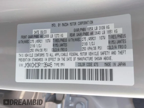 ✅ 2024 Mazda CX-90 Premium • VIN: JM3KKDHD3R1136445 • Lot: 41195880. Wystawiony na IAAI z przebiegiem 12 311 mil. Bezpłatny archiwum sprzedaży aukcyjnych z USA i szczegółowy raport historii pojazdu na DreamBid. Zdjęcie 9.