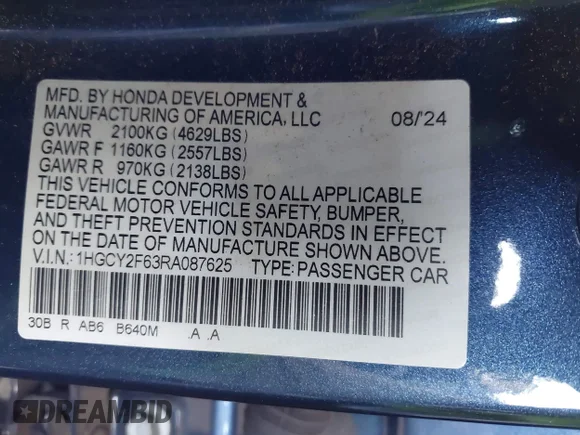 ✅ 2024 Honda Accord EX-L • VIN: 1HGCY2F63RA087625 • Lot: 42939072. Wystawiony na IAAI z przebiegiem 32 218 mil. Bezpłatny archiwum sprzedaży aukcyjnych z USA i szczegółowy raport historii pojazdu na DreamBid. Zdjęcie 9.