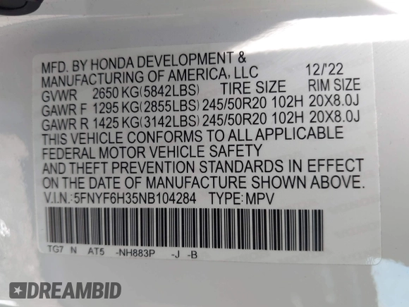 ✅ 2022 Honda Pilot Sport • VIN: 5FNYF6H35NB104284 • Lot: 42922018. Wystawiony na IAAI z przebiegiem 50 046 mil. Bezpłatny archiwum sprzedaży aukcyjnych z USA i szczegółowy raport historii pojazdu na DreamBid. Zdjęcie 9.
