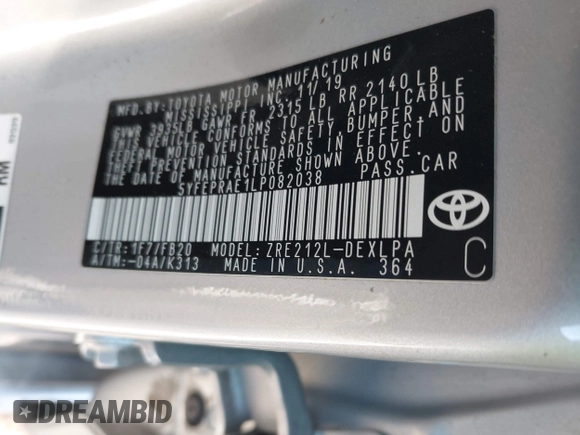 ✅ 2020 Toyota Corolla LE • VIN: 5YFEPRAE1LP082038 • Lot: 43945174. Wystawiony na IAAI z przebiegiem 47 133 mil. Bezpłatny archiwum sprzedaży aukcyjnych z USA i szczegółowy raport historii pojazdu na DreamBid. Zdjęcie 9.