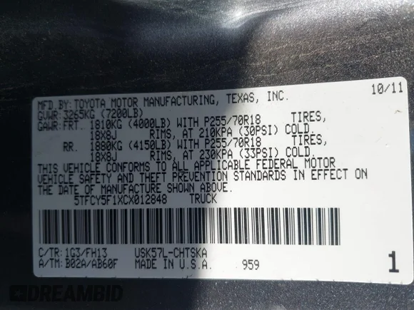 ✅ 2012 Toyota Tundra • VIN: 5TFCY5F1XCX012848 • Lot: 44973153. Wystawiony na IAAI z przebiegiem 160 572 mil. Bezpłatny archiwum sprzedaży aukcyjnych z USA i szczegółowy raport historii pojazdu na DreamBid. Zdjęcie 9.