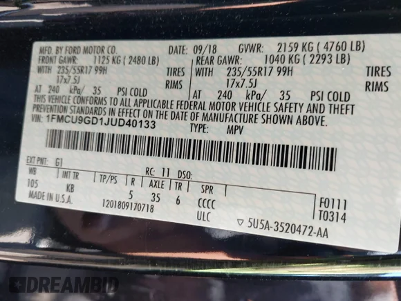 ✅ 2018 Ford Escape SE • VIN: 1FMCU9GD1JUD40133 • Lot: 43191092. Listed on IAAI with 67,889 mi. Free auction sales archive from the USA and detailed vehicle history report at DreamBid. Image 9.