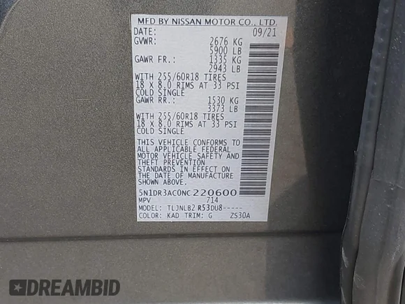 ✅ 2022 Nissan Pathfinder S • VIN: 5N1DR3AC0NC220600 • Lot: 43225297. Wystawiony na IAAI z przebiegiem 129 217 mil. Bezpłatny archiwum sprzedaży aukcyjnych z USA i szczegółowy raport historii pojazdu na DreamBid. Zdjęcie 9.
