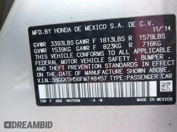 ✅ 2015 Honda Fit LX • VIN: 3HGGK5H56FM748457 • Lot: 43961326. Listed on IAAI with 30,239 mi. Free auction sales archive from the USA and detailed vehicle history report at DreamBid. Image 9.