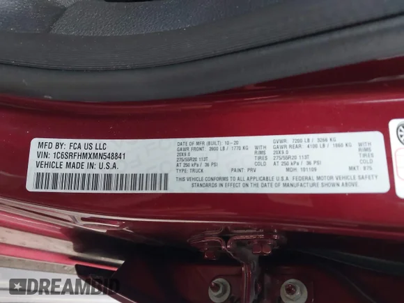 ✅ 2021 Ram 1500 Limited • VIN: 1C6SRFHMXMN548841 • Лот: 43997361. Опубліковано раніше на IAAI з пробігом 157 921 миль. Безкоштовний доступ до архіву аукціонних продажів зі США та докладний звіт про історію автомобіля на DreamBid. Зображення 9.