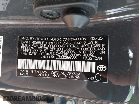 ✅ 2025 Toyota Corolla Hybrid LE • VIN: JTDBCMFE2S3086083 • Лот: 45230109. Опубліковано раніше на IAAI з пробігом 43 250 миль. Безкоштовний доступ до архіву аукціонних продажів зі США та докладний звіт про історію автомобіля на DreamBid. Зображення 9.