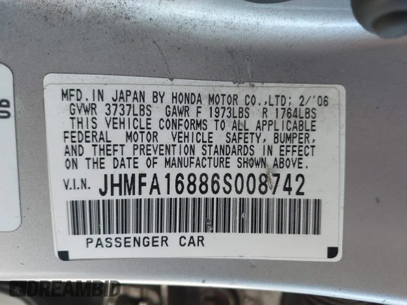 ✅ 2006 Honda Civic EX • VIN: JHMFA16886S008742 • Lot: 44915946. Wystawiony na IAAI z przebiegiem 216 780 mil. Bezpłatny archiwum sprzedaży aukcyjnych z USA i szczegółowy raport historii pojazdu na DreamBid. Zdjęcie 9.