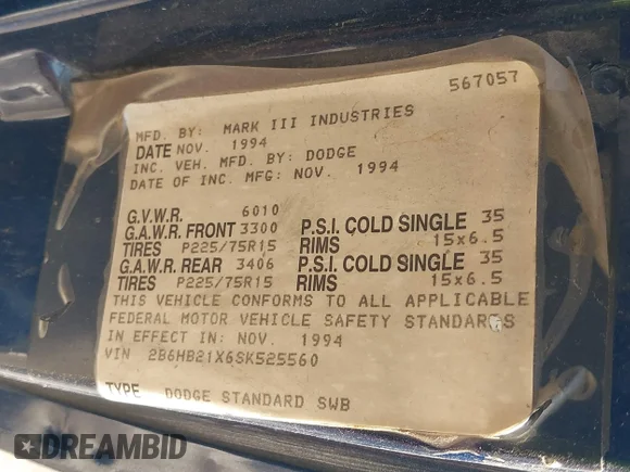 ✅ 1995 Dodge Cargo • VIN: 2B6HB21X6SK525560 • Lot: 43128381. Wystawiony na IAAI z przebiegiem 193 023 mil. Bezpłatny archiwum sprzedaży aukcyjnych z USA i szczegółowy raport historii pojazdu na DreamBid. Zdjęcie 9.
