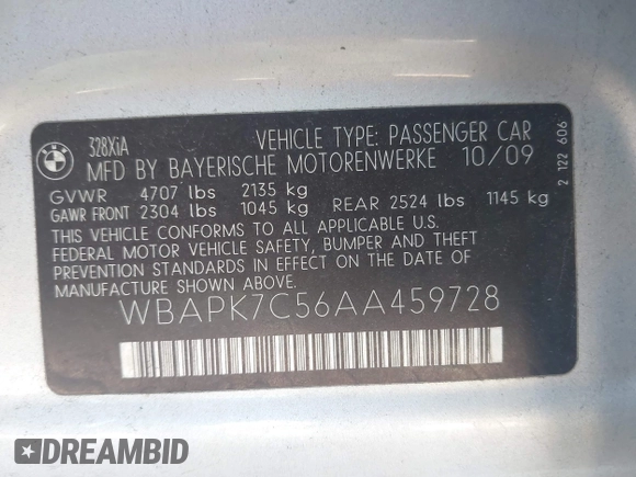 ✅ 2010 BMW 3 Series 328i xDrive • VIN: WBAPK7C56AA459728 • Lot: 44535382. Wystawiony na IAAI z przebiegiem 186 944 mil. Bezpłatny archiwum sprzedaży aukcyjnych z USA i szczegółowy raport historii pojazdu na DreamBid. Zdjęcie 9.