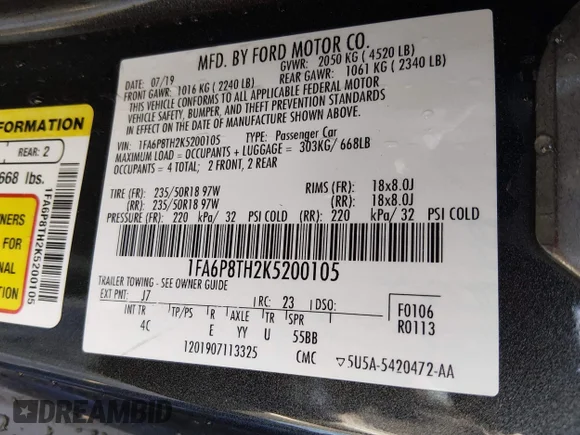 ✅ 2019 Ford Mustang EcoBoost • VIN: 1FA6P8TH2K5200105 • Лот: 45331465. Опубликован ранее на IAAI с пробегом 133 381 миль. Бесплатный доступ к архиву аукционных продаж из США и подробный отчёт об истории автомобиля на DreamBid. Изображение 9.