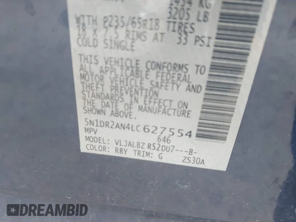 ✅ 2020 Nissan Pathfinder S • VIN: 5N1DR2AN4LC627554 • Lot: 44551700. Wystawiony na IAAI z przebiegiem 155 789 mil. Bezpłatny archiwum sprzedaży aukcyjnych z USA i szczegółowy raport historii pojazdu na DreamBid. Zdjęcie 9.