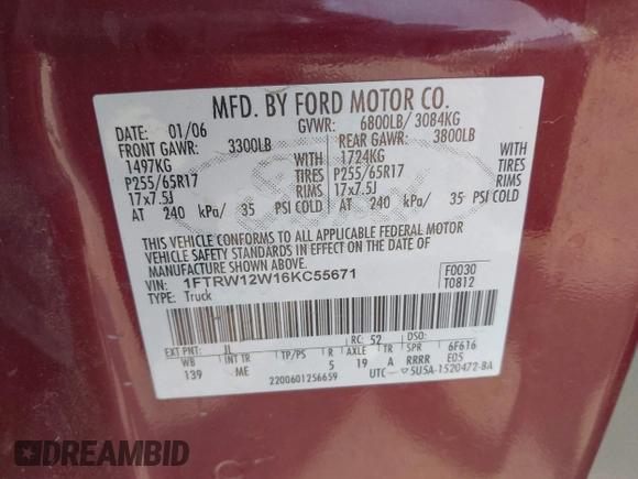 ✅ 2006 Ford F-150 XLT • VIN: 1FTRW12W16KC55671 • Lot: 44618294. Wystawiony na IAAI z przebiegiem 220 876 mil. Bezpłatny archiwum sprzedaży aukcyjnych z USA i szczegółowy raport historii pojazdu na DreamBid. Zdjęcie 9.
