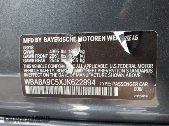 ✅ 2018 BMW 3 Series 320i • VIN: WBA8A9C5XJK622894 • Lot: 41210354. Wystawiony na IAAI z przebiegiem 60 795 mil. Bezpłatny archiwum sprzedaży aukcyjnych z USA i szczegółowy raport historii pojazdu na DreamBid. Zdjęcie 9.