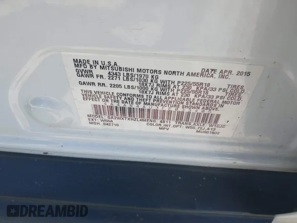 ✅ 2015 Mitsubishi Outlander SE • VIN: 4A4AR4AU3FE033405 • Lot: 44814457. Wystawiony na IAAI z przebiegiem Nie podano. Bezpłatny archiwum sprzedaży aukcyjnych z USA i szczegółowy raport historii pojazdu na DreamBid. Zdjęcie 9.
