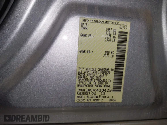 ✅ 2015 Nissan Altima S • VIN: 1N4BL3AP3FC410429 • Lot: 44757416. Listed on IAAI with 70,440 mi. Free auction sales archive from the USA and detailed vehicle history report at DreamBid. Image 9.