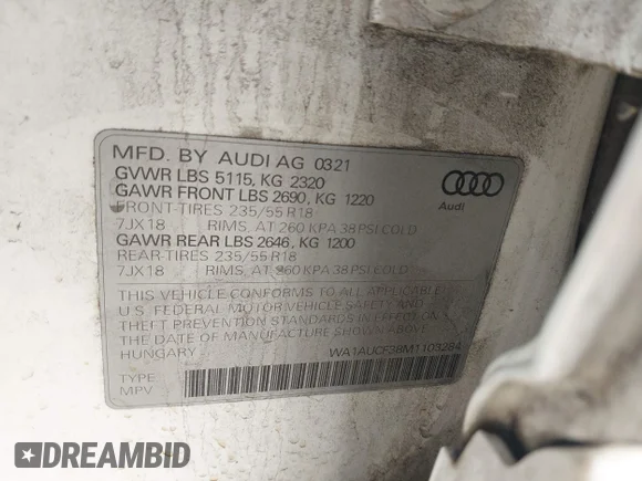 ✅ 2021 Audi Q3 Premium • VIN: WA1AUCF38M1103284 • Lot: 44485109. Wystawiony na IAAI z przebiegiem 124 284 mil. Bezpłatny archiwum sprzedaży aukcyjnych z USA i szczegółowy raport historii pojazdu na DreamBid. Zdjęcie 9.