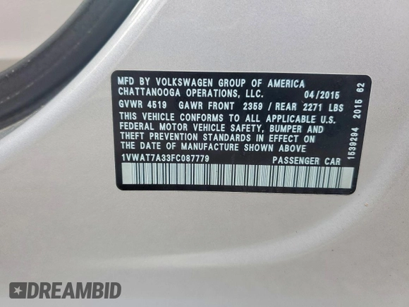 ✅ 2015 Volkswagen Passat S • VIN: 1VWAT7A33FC087779 • Lot: 72376965. Wystawiony na Copart z przebiegiem 168 937 mil. Bezpłatny archiwum sprzedaży aukcyjnych z USA i szczegółowy raport historii pojazdu na DreamBid. Zdjęcie 12.