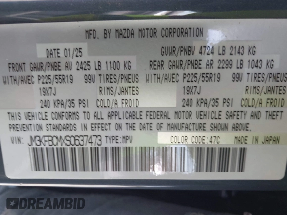 ✅ 2025 Mazda CX-5 S Carbon Edition • VIN: JM3KFBCMXS0637473 • Lot: 45306425. Wystawiony na IAAI z przebiegiem 32 335 mil. Bezpłatny archiwum sprzedaży aukcyjnych z USA i szczegółowy raport historii pojazdu na DreamBid. Zdjęcie 9.