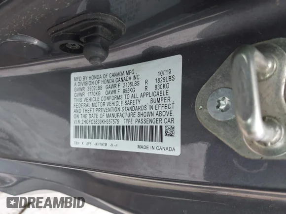 ✅ 2019 Honda Civic EX • VIN: 2HGFC3B30KH357575 • Lot: 44085444. Wystawiony na IAAI z przebiegiem 61 639 mil. Bezpłatny archiwum sprzedaży aukcyjnych z USA i szczegółowy raport historii pojazdu na DreamBid. Zdjęcie 9.