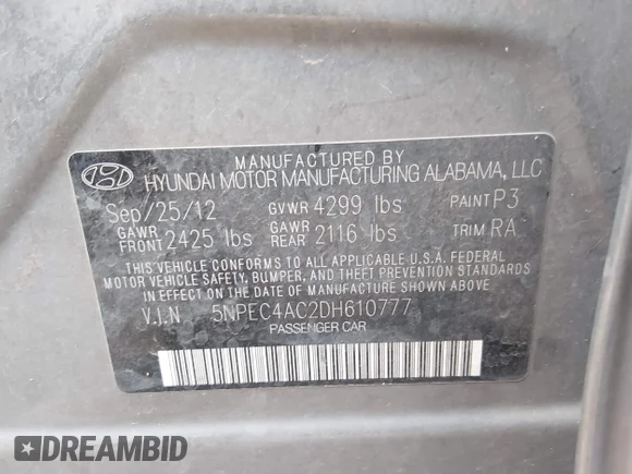 ✅ 2013 Hyundai Sonata SE • VIN: 5NPEC4AC2DH610777 • Lot: 45307878. Listed on IAAI with 244,468 mi. Free auction sales archive from the USA and detailed vehicle history report at DreamBid. Image 9.