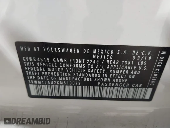 ✅ 2019 Volkswagen Golf S • VIN: 3VWM17AU2KM519072 • Lot: 41890770. Wystawiony na IAAI z przebiegiem 35 790 mil. Bezpłatny archiwum sprzedaży aukcyjnych z USA i szczegółowy raport historii pojazdu na DreamBid. Zdjęcie 9.
