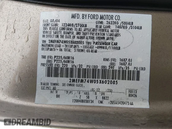 ✅ 2005 Mercury Grand Marquis GS • VIN: 2MEFM74W05X602085 • Lot: 45223230. Listed on IAAI with 88,455 mi. Free auction sales archive from the USA and detailed vehicle history report at DreamBid. Image 9.