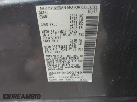✅ 2017 Nissan Murano Platinum • VIN: 5N1AZ2MH3HN202749 • Lot: 43157533. Wystawiony na IAAI z przebiegiem 130 784 mil. Bezpłatny archiwum sprzedaży aukcyjnych z USA i szczegółowy raport historii pojazdu na DreamBid. Zdjęcie 9.