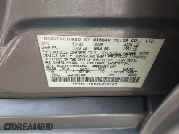✅ 2003 Nissan Altima SE • VIN: 1N4BL11E63C243434 • Lot: 44646653. Wystawiony na IAAI z przebiegiem 156 255 mil. Bezpłatny archiwum sprzedaży aukcyjnych z USA i szczegółowy raport historii pojazdu na DreamBid. Zdjęcie 9.