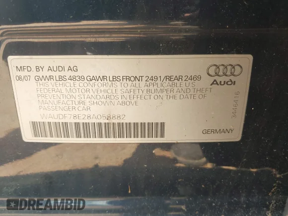 ✅ 2008 Audi A4 2.0T • VIN: WAUDF78E28A058882 • Lot: 42353455. Wystawiony na IAAI z przebiegiem 139 234 mil. Bezpłatny archiwum sprzedaży aukcyjnych z USA i szczegółowy raport historii pojazdu na DreamBid. Zdjęcie 9.
