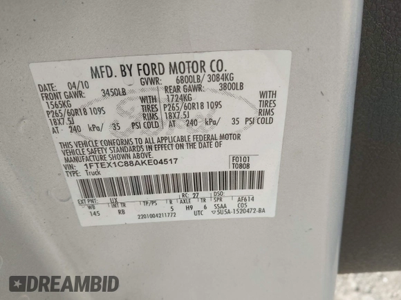 ✅ 2010 Ford F-150 XL • VIN: 1FTEX1C88AKE04517 • Lot: 44167897. Wystawiony na IAAI z przebiegiem Nie podano. Bezpłatny archiwum sprzedaży aukcyjnych z USA i szczegółowy raport historii pojazdu na DreamBid. Zdjęcie 9.