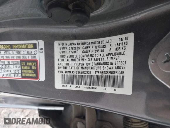 ✅ 2010 Honda Civic • VIN: JHMFA3F23AS002735 • Lot: 43424655. Listed on IAAI with 195,419 mi. Free auction sales archive from the USA and detailed vehicle history report at DreamBid. Image 9.