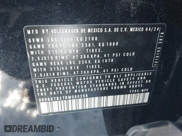 ✅ 2024 Volkswagen Taos S • VIN: 3VV8X7B27RM080298 • Lot: 43709292. Wystawiony na IAAI z przebiegiem 18 294 mil. Bezpłatny archiwum sprzedaży aukcyjnych z USA i szczegółowy raport historii pojazdu na DreamBid. Zdjęcie 9.