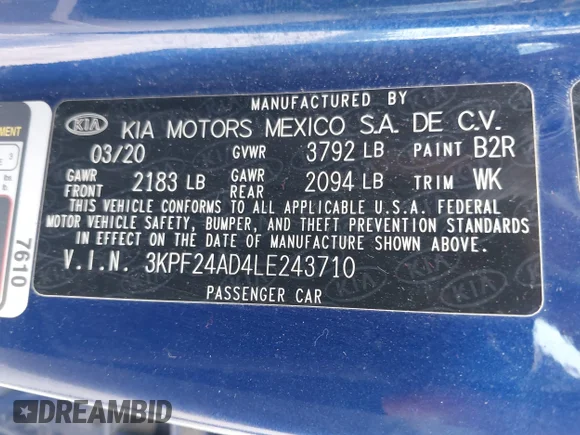 ✅ 2020 Kia Forte LXS • VIN: 3KPF24AD4LE243710 • Lot: 45444205. Listed on IAAI with 69,711 mi. Free auction sales archive from the USA and detailed vehicle history report at DreamBid. Image 9.