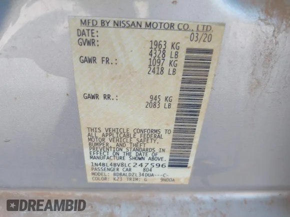 ✅ 2020 Nissan Altima S • VIN: 1N4BL4BV8LC247596 • Lot: 43447214. Wystawiony na IAAI z przebiegiem 118 140 mil. Bezpłatny archiwum sprzedaży aukcyjnych z USA i szczegółowy raport historii pojazdu na DreamBid. Zdjęcie 9.
