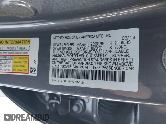 ✅ 2018 Honda Accord LX • VIN: 1HGCV1F10JA199374 • Лот: 44265513. Опубликован ранее на IAAI с пробегом 72 847 миль. Бесплатный доступ к архиву аукционных продаж из США и подробный отчёт об истории автомобиля на DreamBid. Изображение 9.