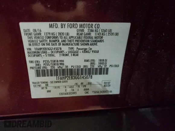 ✅ 2016 Ford Taurus SEL • VIN: 1FAHP2E83GG145078 • Lot: 85587584. Listed on Copart with 153,910 mi. Free auction sales archive from the USA and detailed vehicle history report at DreamBid. Image 12.