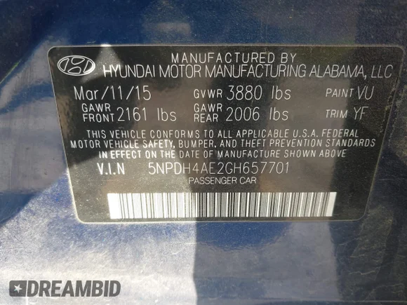 ✅ 2016 Hyundai Elantra SE • VIN: 5NPDH4AE2GH657701 • Lot: 43891907. Listed on IAAI with 212,961 mi. Free auction sales archive from the USA and detailed vehicle history report at DreamBid. Image 9.