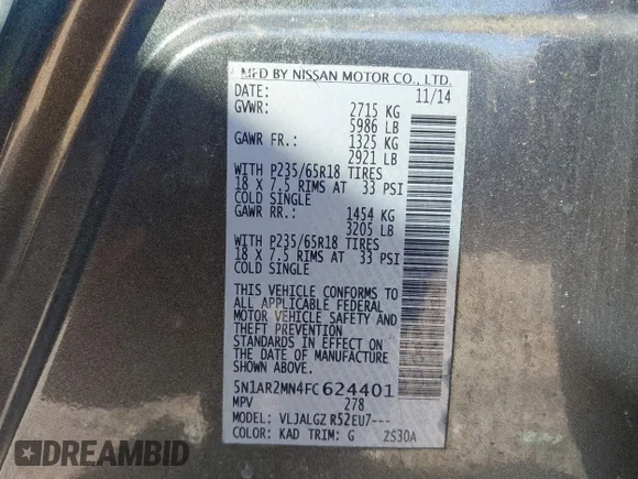 ✅ 2015 Nissan Pathfinder Platinum • VIN: 5N1AR2MN4FC624401 • Lot: 43504562. Wystawiony na IAAI z przebiegiem 159 512 mil. Bezpłatny archiwum sprzedaży aukcyjnych z USA i szczegółowy raport historii pojazdu na DreamBid. Zdjęcie 9.