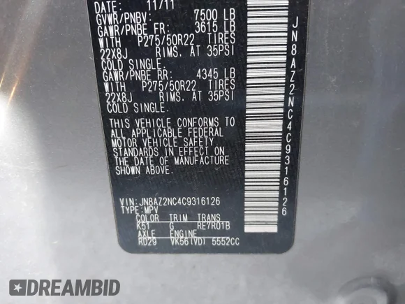 ✅ 2012 Infiniti QX56 8-passenger • VIN: JN8AZ2NC4C9316126 • Lot: 43384045. Wystawiony na IAAI z przebiegiem 208 134 mil. Bezpłatny archiwum sprzedaży aukcyjnych z USA i szczegółowy raport historii pojazdu na DreamBid. Zdjęcie 9.
