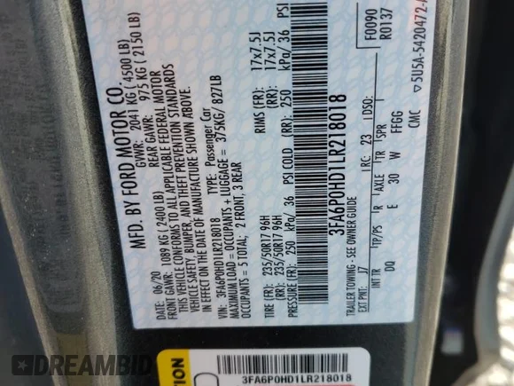 ✅ 2020 Ford Fusion SE • VIN: 3FA6P0HD1LR218018 • Лот: 69100572. Опубліковано раніше на Copart з пробігом 50 936 миль. Безкоштовний доступ до архіву аукціонних продажів зі США та докладний звіт про історію автомобіля на DreamBid. Зображення 12.