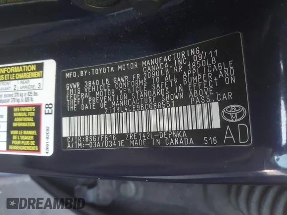 ✅ 2011 Toyota Corolla LE • VIN: 2T1BU4EE9BC688551 • Lot: 44290548. Listed on IAAI with 110,461 mi. Free auction sales archive from the USA and detailed vehicle history report at DreamBid. Image 9.