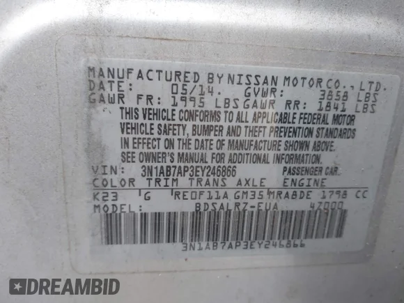 ✅ 2014 Nissan Sentra SR • VIN: 3N1AB7AP3EY246866 • Lot: 44347044. Listed on IAAI with 159,213 mi. Free auction sales archive from the USA and detailed vehicle history report at DreamBid. Image 9.