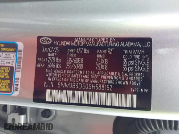 ✅ 2025 Hyundai Tucson SEL • VIN: 5NMJB3DE0SH588152 • Lot: 44860450. Wystawiony na IAAI z przebiegiem 4 776 mil. Bezpłatny archiwum sprzedaży aukcyjnych z USA i szczegółowy raport historii pojazdu na DreamBid. Zdjęcie 9.